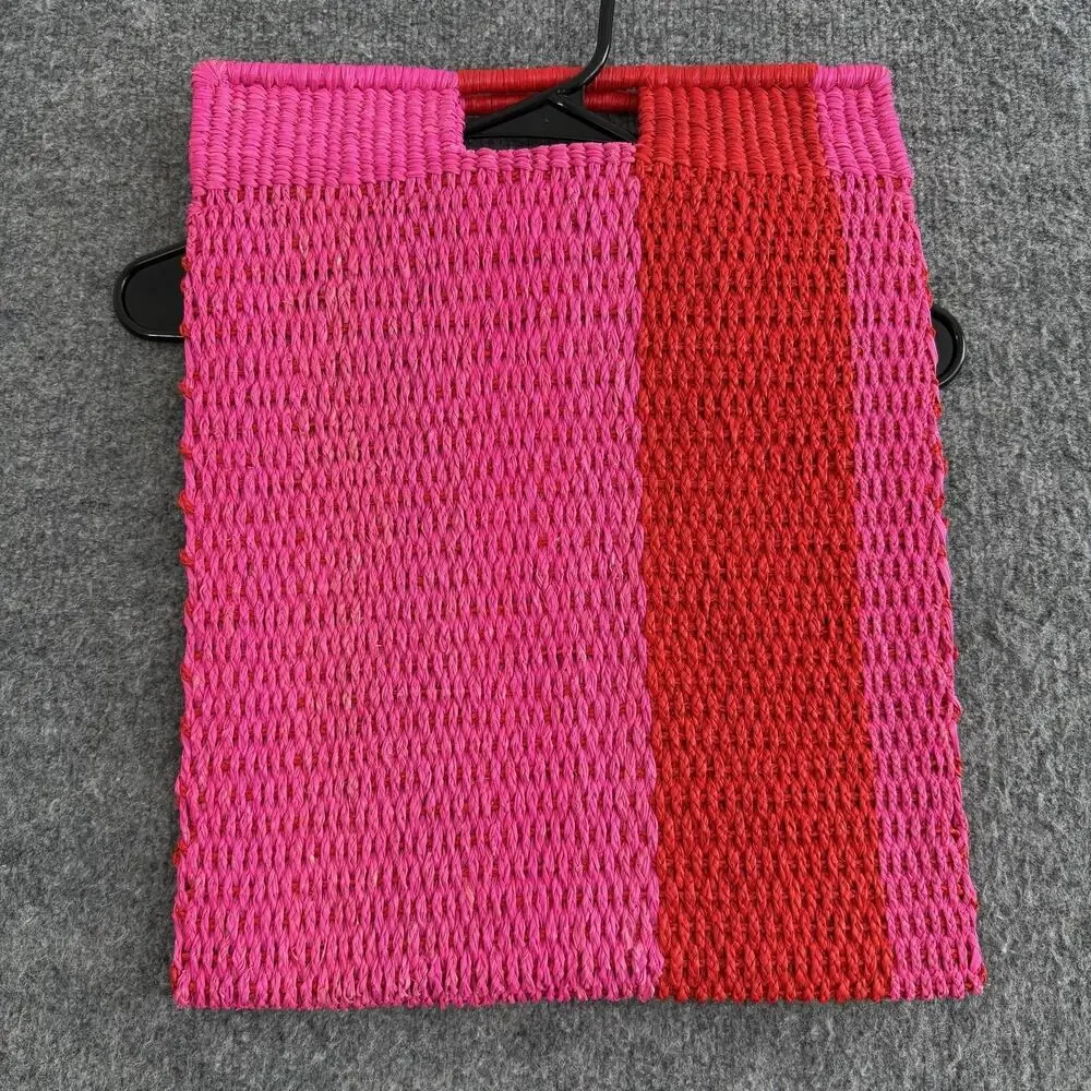Artesano Grenada Woven Straw Tote Bag Pink Red Stripe Top Handle Beach Summer